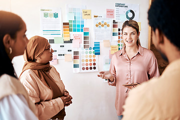 Image showing Planning, collaboration and presentation with a business woman talking to her team in the company office. Creative, strategy and teamwork with a female manager teaching or coaching an employee group