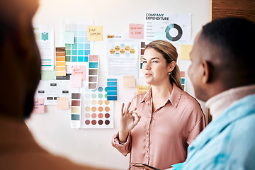 Image showing Planning, teamwork and presentation with a business woman talking to her team in the company office. Creative, strategy and collaboration with a female manager teaching or coaching an employee group