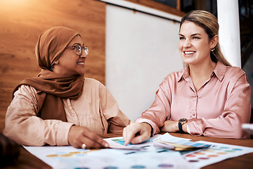 Image showing Diversity, Islamic and business women working on data paperwork together planning startup company strategy. Happy, employees and creative mentor manager in collaboration with Muslim colleague