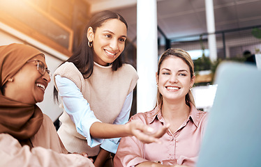 Image showing Business team, laptop and happy mentor talking to people at office desk for motivation. Entrepreneur women and muslim person online for discussion about coaching, management and planning or training