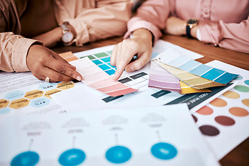 Image showing Creative business people, hands and color palette in planning, brainstorming or team strategy on office desk. Hand of graphic designers in teamwork, collaboration and pointing to swatches for design