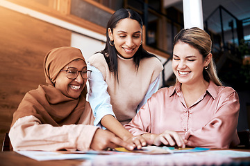 Image showing Business, women and documents for teamwork, happy planning and management in company. Diversity, group and female employees in collaboration with paperwork for strategy, analysis or meeting in office