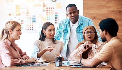 Image showing Creative business people, meeting and collaboration in planning, teamwork or project design at office. Group of employee designers in team brainstorming, discussion or sharing ideas for startup