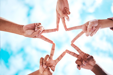 Image showing People, hands and peace sign in collaboration, trust or unity in partnership or community star formation with sky below. Diverse group touching hands for teamwork, success or motivation in solidarity