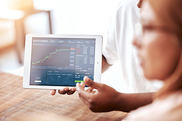 Image showing Business people, hands and tablet for stock market, trading or financial graph, chart or data in profit. Hand of trader, broker or finance advisor showing increase of investments on technology