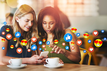 Image showing Cafe, social media icon or friends with phone for communication, text post or online dating chat. Coffee, girls or happy women on mobile app website or digital network with smile, like or heart emoji