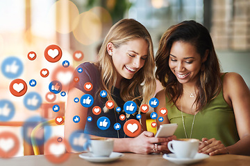 Image showing Cafe, social media icon or women with phone for communication, text post or online dating chat. Coffee, girls or happy friends on mobile app website or digital network with smile, like or heart emoji