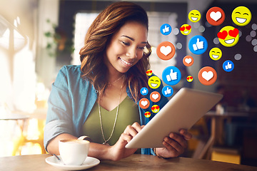 Image showing Cafe social media icon or black woman with a tablet for communication, chat texting or online dating. Coffee shop, like overlay or happy girl on app or website or digital network with heart emojis