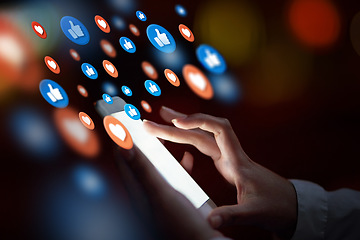 Image showing Night, social media icon or girl with a phone for communication, texting for online dating. Like, love emojis overlay or hands of woman on mobile app screen, chat website or digital network closeup