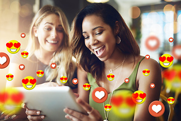 Image showing Happy, online dating icon or friends with tablet for communication or social media texting together. Smile, girls or excited friends on fun website or digital network with love, like or heart emoji