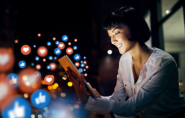 Image showing Night, social media icons or happy woman with a tablet for communication, texting or online dating. Smile, love overlay or relaxed girl typing on chat website or digital network with heart emoticons