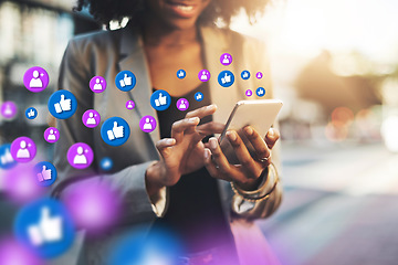 Image showing Hands, social media icon or black woman with phone for communication, texting or online chat in city. Overlay, girl typing on mobile app website or digital networking with like or heart emoji