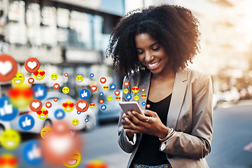 Image showing City, social media icon or black woman with phone for communication, texting or online chat website. Overlay, smile or happy girl typing on mobile app or digital networking with like or heart emoji