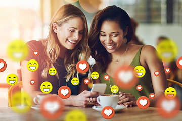 Image showing Coffee shop, social media icon or friends with phone for communication, text or online dating chat. Cafe, diversity or happy people on mobile app or digital network with smile, like or heart emoji