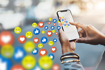 Image showing Hands, social media icon or girl with phone for communication, texting or online dating chat. City, overlay or woman typing on mobile app screen or digital network with like or heart emoji closeup