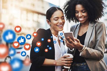 Image showing City, social media icon or women with phone for communication, online content or gossip news. Black woman, friends or happy people on mobile app or digital network with memes, like or heart emoji