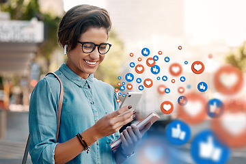 Image showing Like, emoji and woman outdoor, social media and smile with connection, networking and chatting. Female, outside and girl with smartphone, posting and blogger with symbols, happiness and mobile app