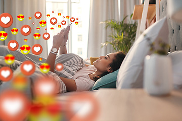 Image showing Bed, love icon or girl with a phone for communication, social media texting for online dating chatting. Morning, overlay or relaxed woman on mobile app website or digital network with heart emoticons