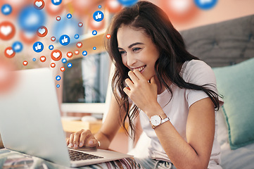 Image showing Meme, social media icon or happy woman with a laptop for communication, text chat or online dating. Laugh, overlay or funny girl on a website or digital global network with love, like or heart emoji