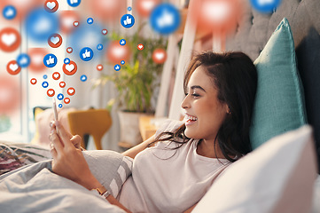 Image showing Bed, social media icons or happy woman with phone for communication, text or online dating at home. Morning, memes or relaxed woman on mobile app, chat website or digital network with heart emojis