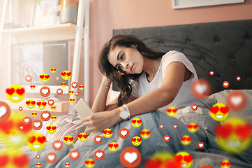 Image showing Home, social media icons or woman taking a selfie for content or online dating post in bedroom. Love emojis, morning or relaxed girl on mobile app website or digital network with heart emoticons