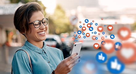 Image showing City, social media icon or happy woman with phone for communication, text chat or online dating. Memes, overlay or funny girl on mobile app website or digital network with happy, like or heart emoji