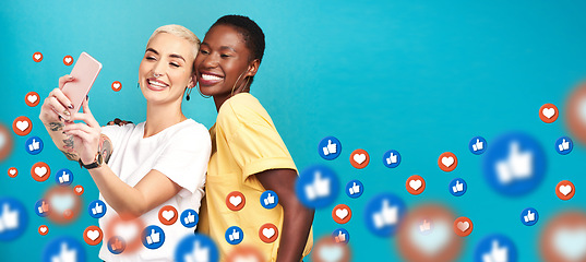 Image showing Diversity, social media icons or friends take a selfie for content or online post on blue background. Love emojis, women or happy girls take pictures together on mobile app website or digital network