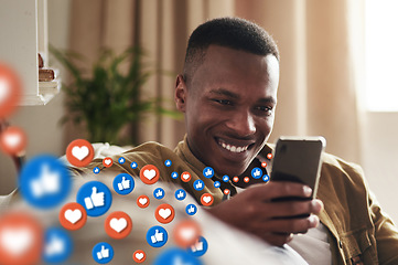 Image showing Happy, social media icons or black man with phone for content or online dating post relaxing on sofa. Love, emojis or African person on mobile app website or digital network with heart emoticons