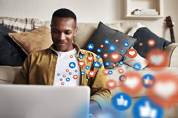 Image showing Laptop, love icon or black man on social media for communication, text conversation or online dating. Like, graphic overlay or relaxed happy person on website or digital network app with heart emoji