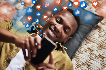 Image showing Social media, love icon or black man with a phone for texting communication or online dating chat. Like, graphic overlay or relaxed person on mobile app website or digital network with heart emojis