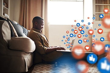 Image showing Home, social media icon or black man on laptop for communication, text conversation or online dating. Like, graphic overlay or relaxed happy person on website or digital network app with heart emoji