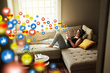 Image showing Sofa, social media icon or woman with a phone for communication, social media text for online dating. Like overlay, relax or happy girl on mobile app, chat website or digital network with heart emoji