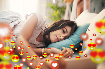 Image showing Bed, love emoji or girl with a phone for communication, social media texting for online dating. Morning, graphic overlay or relaxed woman on mobile app website or digital network with heart emoticons