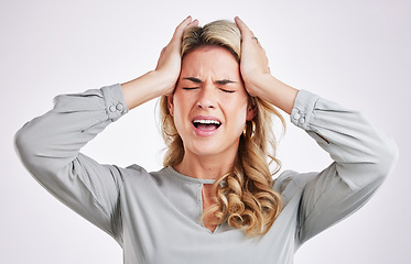 Image showing Stress, headache and woman in studio with anxiety, brain fog and pain against white background. Migraine, depression and female person suffering from problem, vertigo and burnout, frustrated or tired