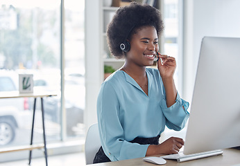 Image showing Call center, consulting and smile with black woman in office for networking, friendly or customer service. Happy, contact us and help desk with employee for communication, virtual and legal advice