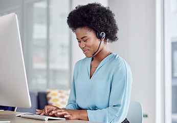 Image showing Call center, consulting and typing with black woman at computer in office for networking, online or customer service. Happy, contact us and help desk with employee for technology, virtual or research