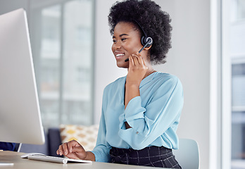 Image showing Call center, consulting and computer with black woman in office for networking, friendly or customer service. Happy, contact us and help desk with employee for communication, virtual and legal advice