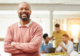 Image showing Smile, business and arms crossed with portrait of black man in meeting for planning, leadership and mindset. Creative, training and strategy with employee in office for workshop, teamwork and mission