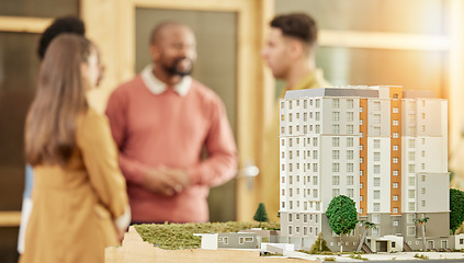 Image showing Architecture team, meeting and city model in office for construction agency, development or strategy. Business people, architect teamwork and 3d prototype of buildings, property and mock up space