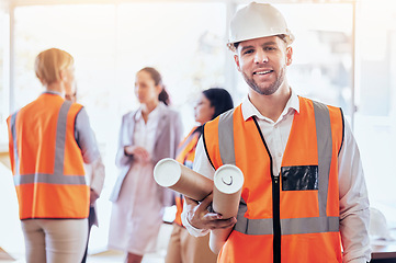 Image showing Architecture, blueprint and portrait of man on construction site for planning, engineering and building. Designer, inspection and development with contractor for renovation, maintenance and industry