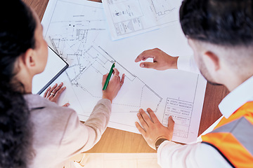 Image showing Architecture, planning and blueprint with top view of people for project management, drawing and engineering. Floor plan, documents and teamwork with team of contractors for designer or construction