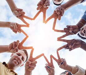 Image showing Hands, star and low angle circle for business people with icon for motivation, support and goals by sky. Businessman, women and solidarity for diversity, synergy and progress with teamwork at company