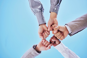 Image showing Fist bump, celebrate and business team hands winning together due to support, unity and teamwork against a sky background. Friendship, below and group of corporate employees in a team building mockup