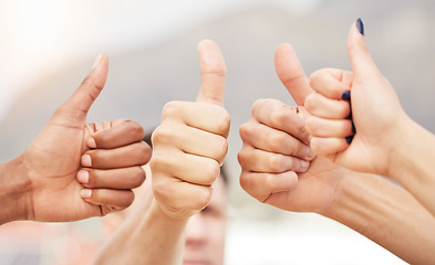 Image showing Closeup of people, hands and thumbs up for teamwork, collaboration and agreement of solidarity together. Diversity, community and group with hand sign for thank you, trust and review with like emoji