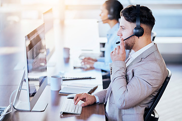 Image showing Call center, computer and consulting with man in office for customer service, technical support or help desk. Telemarketing, contact us and communication with employee for legal advice and talking