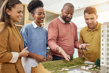 Image showing Architect team, talk and city model in office for construction planning, development or strategy. Black man, women and architecture teamwork with 3d illustration of buildings, property and discussion