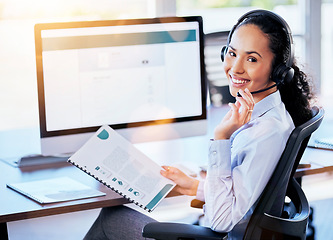 Image showing Woman, call center and portrait with microphone, documents or happy for crm, contact or customer service. Consultant, paperwork and listen on voip call for tech support, advice or telemarketing job