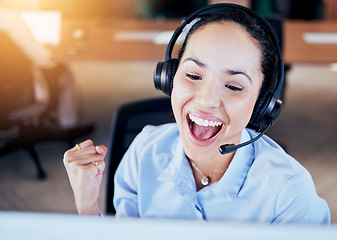 Image showing Woman, call center and success fist in office for crm, promotion and customer service job. Consultant, happiness and winning in career, goals and achievement on voip for technical support on computer