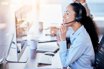 Image showing Call center, computer and explain with woman in office for customer service, technical support or help desk. Telemarketing, contact us and communication with employee for legal advice and operator