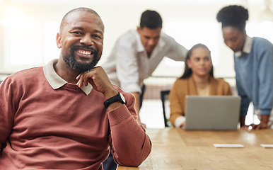 Image showing Leadership, smile and portrait of black man in office for business, project management and mindset. Face, professional and development with employee in meeting for corporate, motivation or manager